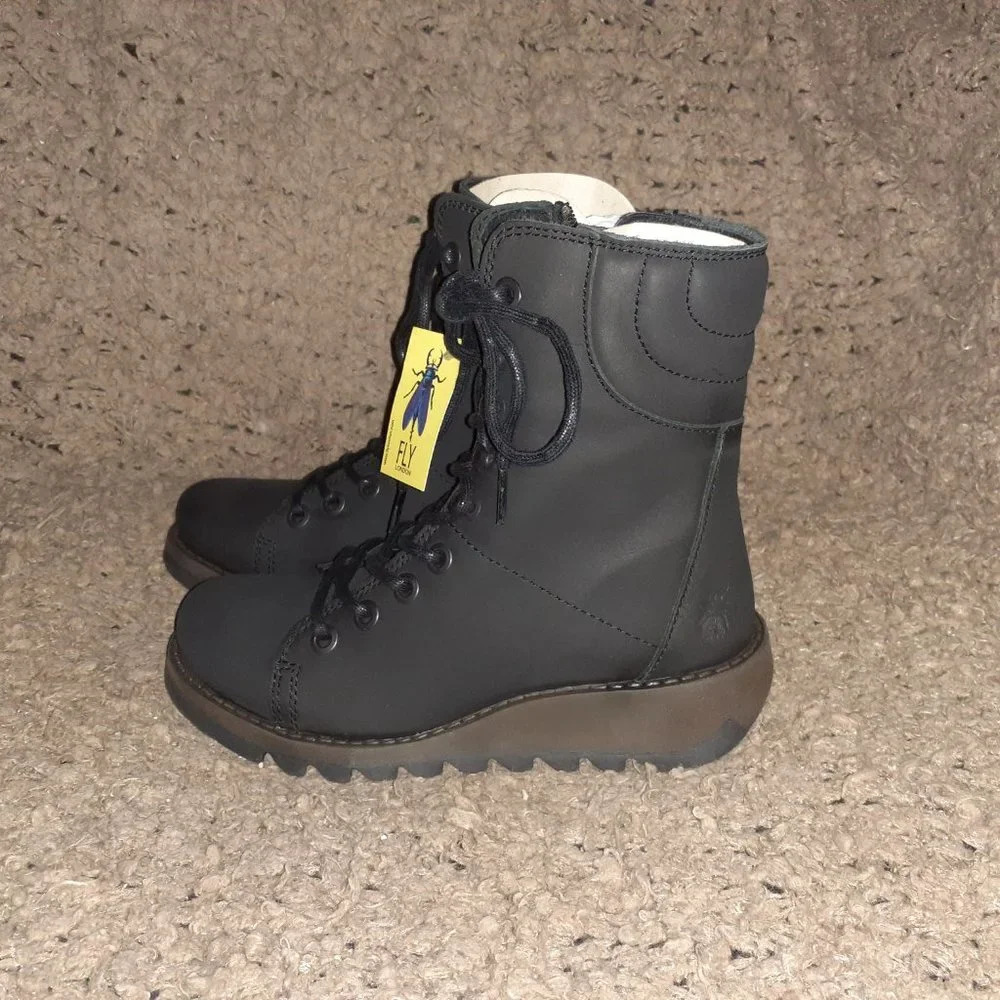 FLY London-SAME-109 FLY-Heritage Black Leather Combat Boots-Side Zip-Sz … - Picture 10 of 14